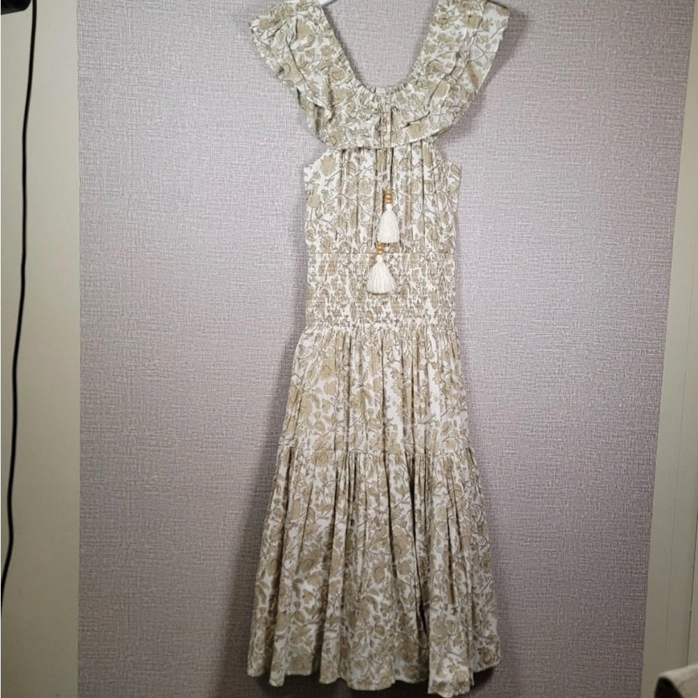 Anna Cate Collection Sun Dress Cotton Floral White Tan Maxi Size S